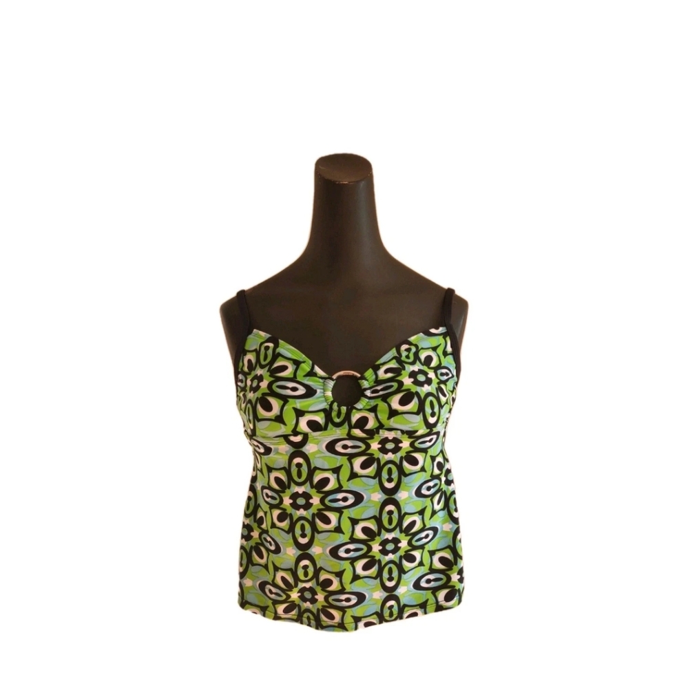 Coco Beach Tankini Women's Sz S Green/Black Print Adjustable Straps Silver Ring